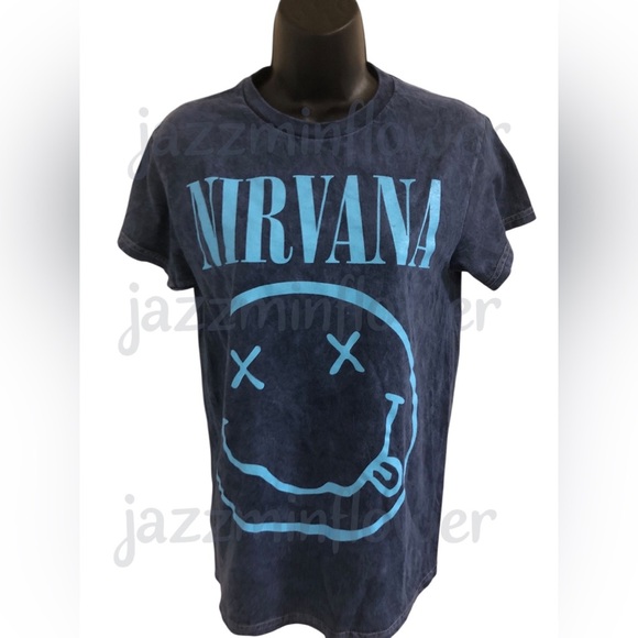Nirvana 90s grunge rock band light blue nevermind graphic print navy blue size S - Picture 1 of 9